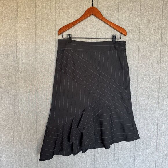 Vintage Bisou Bisou Black Pin Stripe Asymmetrical Ruffle Hem Midi Skirt Size 12 - Picture 1 of 11